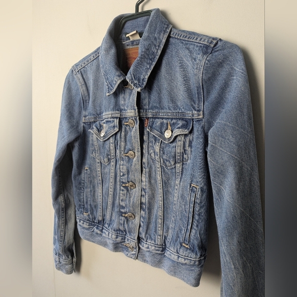 LEVI'S Women Jeans Jacket 100% Cotton Washed Blue Color With Pockets Crop XS - Picture 3 of 15